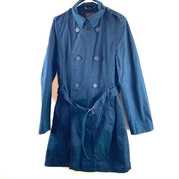 Reiss Double Breasted Trench Coat Classic Preppy Navy Mid-length Cotton Jacket L - Picture 1 of 16